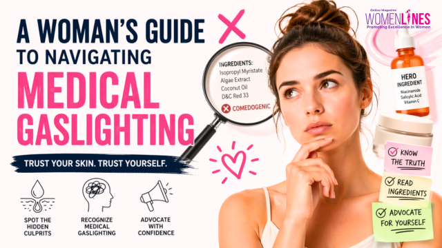 Alt Text: Woman analyzing skincare ingredients with magnifying glass, highlighting hidden comedogenic ingredients and the concept of medical gaslighting in dermatology.